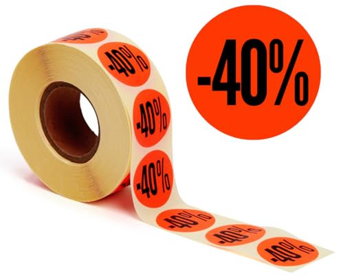 POKORNYS - Etichette promozionali sconto “-40%” I Targhette per merce scontata I Set di 1.000 adesivi autoadesivi per sconti in rosso vivace I Autoadesivi permanenti, rotondi con Ø 32 mm
