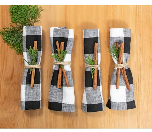 Solino Home Buffalo Check Leinen Servietten 4er Set,Schwarz Weiß Plaid Stoffservietten für Thanksgiving, Weihnachten, Urlaub,100% reines Leinen Halloween Dinner Servietten 20x20 Zoll,Handgefertigt