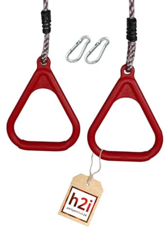 h2i Turnringe aus Kunststoff | Gymnastikringe mit höhenverstellbaren Seilen | inkl. Karabiner | Seilringe für Kinder | Ringe für Schaukel | Indoor & Outdoor | Schaukel Zubehör | rot