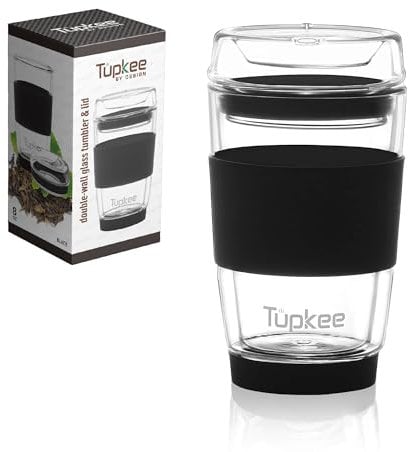Tupkee Double Wall Glass Tumbler - 8-Ounce, All Glass Hand Blown Reusable Insulated Tea/Coffee Mug & Lid, Travel Mug - Black