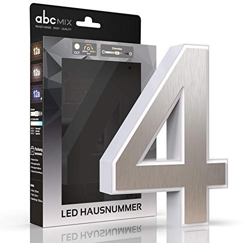 abcMIX LED Hausnummer, personalisierbare beleuchtete Hausnummer, Hausnummernleuchte mit LED - Hausnummer 4, Farbe EDELSTAHL, Lichtfarbeneinstellung, Dimmbarkeit