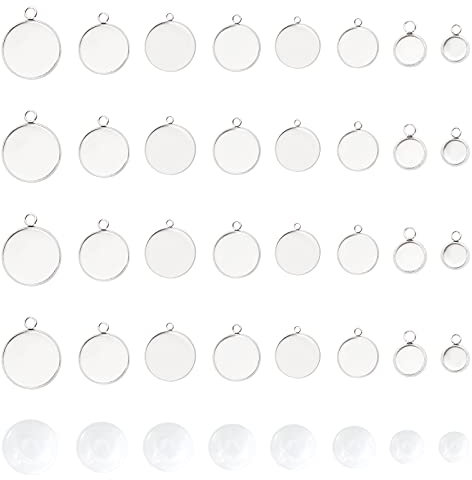 UNICRAFTALE 48 Sätze 8 Größen Cabochon Anhänger Edelstahl Cabochons Tabletts Ohrring Lünette Anhänger Cabochon Rohlinge Charm mit Glas Cabochons Für Halsketten Ohrringe Armband Schmuckherstellung