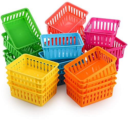 DEAYOU 24 Pack Classroom Storage Baskets, Small Plastic Baskets for Organizing, Colorful Storage Trays, Crayon Pencil Containers Organizer Bins for Desk, Drawer, Home, Office, 15.5 x 12 x 6 cm