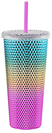 ALINK Studded Tumbler with Lid and Straw, Reusable Cup with Straws Lids, Plastic Water Bottle, Iced Coffee Travel Mug Cup - Rainbow