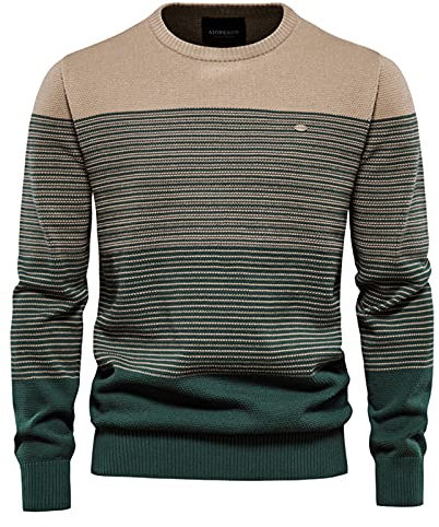 SSBZYES Herren Pullover Herren gestreifter Kontrast Pullover Herren schmaler Rundhals gestreifter Pullover Herren Pullover Casual Top, Khaki, XL