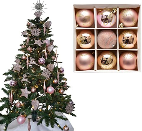9pc Luxury Premium Baubles, Christmas Tree Bauble Decorations Matte, Glitter, shiny & Frosted (6cm) (Rose Gold)