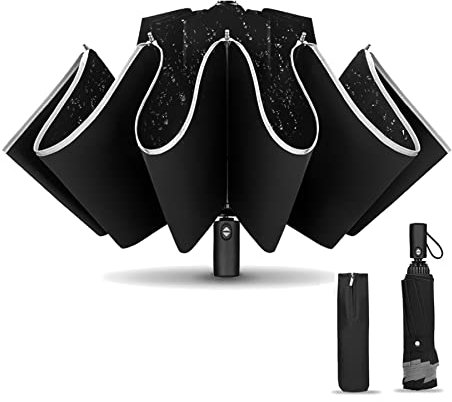 KASTEWILL Parapluie inversé Automatique Compact, Parapluie Pliant Résistant au vent avec 360° Bande Réfléchissante, Conception Antirebond Parapluies de Voyage pour Homme, Femme et Adolescent -Noir