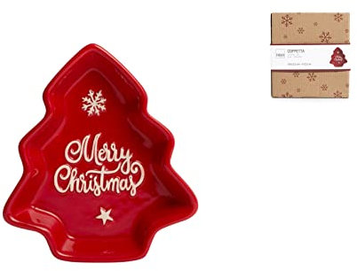 H&H 9699200 Piatto Albero In Ceramica, Decoro Natale Merry Xmas, Rosso, 15 x 13 cm