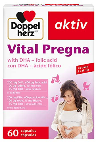 Doppelherz aktiv Vital Pregna con DHA + ácido fólico, Complemento alimenticio rico en 12 vitaminas, minerales, hierro, zinc, yodo y omega-3, + 200 mg de DHA al día. 60 cápsulas