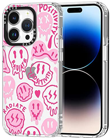 MOSNOVO Case for iPhone 14 Pro, [Buffertech 6.6ft Military-Grade Drop Protection] [Anti Peel Off Tech] Clear TPU Bumper Phone Case Cover Design - Pink Dripping Smiles Positivity Radiate Face