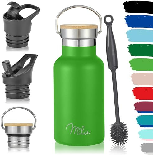 Milu Edelstahl Trinkflasche 350ml 500ml 750ml 1000ml (+3 Deckel) Thermosflasche mit Strohhalm Isolierte Wasserflasche für Kinder, Erwachsene, für unterwegs, auslaufsicher (Apfelgrün, 350ml)