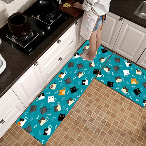 2 Pezzi Tappeti Cucina Antiscivolo Tappetini da Cucina Lavabile in Lavatrice Tappetino da Cucina Anti-fatica Tappeto Cucina Passatoia Cucina per Cucina,Corridoio,Casa(Gatto Blu,44x75cm+44x150cm)