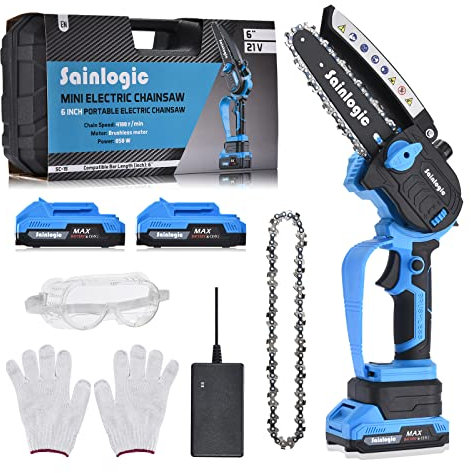 Sainlogic 6 Zoll Mini Kettensäge mit Akku, Mini Kettensäge Elektro mit 2 * 2000mAh Akku, 850W Tragbare Mini Bürstenlose Einhand Kettensäge Bäume für Gartenarbeiten Wälder