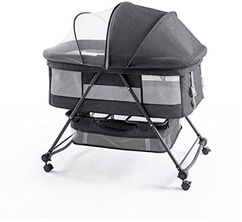 Carvapet Baby Beistellbett Reisebett Babybett mit Matratze, Atmungsaktives Moskitonetz, Seitennetz, Aufbewahrungskorb, Kleinkinder Klappbett 0-6 Monate, 4 Rollen (Grau)