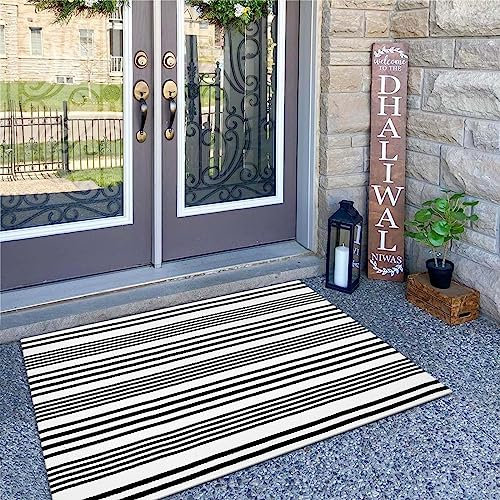 OJIA Haustür-Teppiche für den Innenbereich, 70 x 109 cm, schwarz und weiß gestreift, Outdoor-Teppich, Veranda-Teppich, Baumwolle, handgewebt, Eingangsteppich, maschinenwaschbar, Fußmatten für