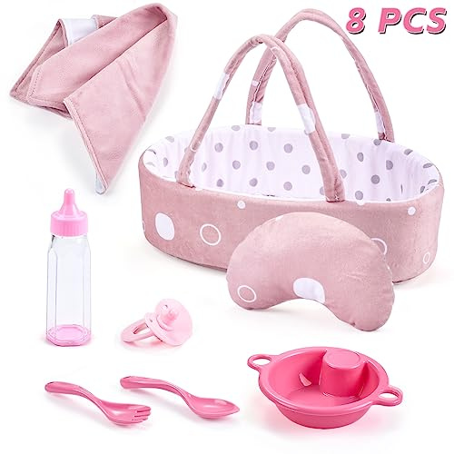 Enjoyin 8 Accessoires Poupon, Cadeau Anniversaire Filles et Tout-Petits | Recharge complète pour poupon avec couffin, biberon, tétine, dinette, couverture, oreiller – compatible 23–30 cm.
