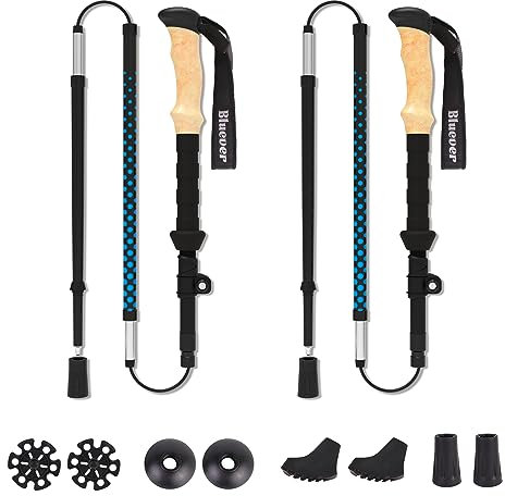 BLUEVER Teleskop Wanderstöcke Faltbar Aluminium 7075,Trekkingstöcke Walkingstöcken Verstellbar 115-135cm,Nordic Walking Stöcke Herren&Damen,Hiking Stick mit 5 Paar Gummipuffers für Trekking (Blau)