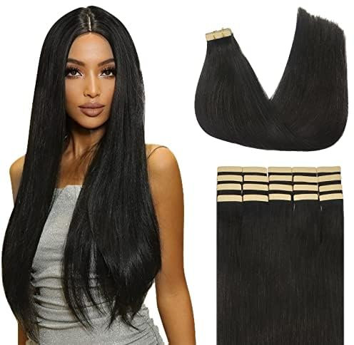 Lashey Haarverlängerungen Echthaar Natürlich Schwarz Gerade Tape Extensions Echthaar 30cm(12zoll) 20pcs 50g Echte Echthaar-Haarverlängerungen mit doppelseitigem Band für Frauen