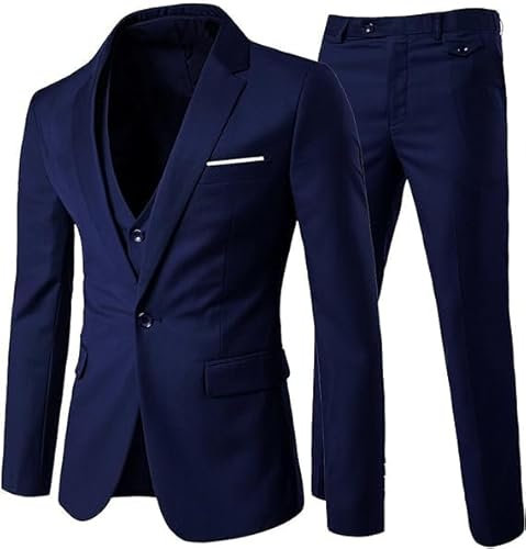 HIFI7 Herren Business-Anzug Hosen-Set 3-Teilig Sakko Hose Weste (DE/NL/SE/PL, Alphanumerisch, S, Regular, Regular, Marineblau)