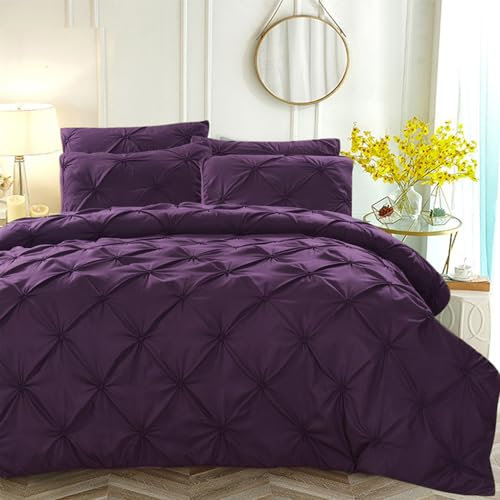 Luofanfei Bettwäsche 200x220 Lila Pinch Pintuck Einfarbig Muster Plisseefalten Plissee Bettwäsche Set Quetschfalten Geometrisches Microfaser Aesthetic Bettbezug 220x200 und 2 Kissenbezüge 80x80cm
