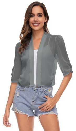 Famrrifuu Donna Coprispalle Elegante Estivo Cardigan Corta Bolero Giacca Coprispalle Corto per Matrimonio,Grigio,S