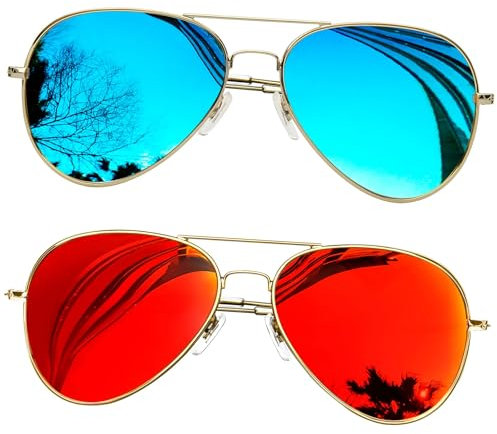 KANASTAL 2 Pares Gafas de Sol Naranjas Azul Hombre Polarizadas Mujer Clásicas Vintage Rojas Metal Playa UV400 Sunglasses - Rojo Lentes + Azul Espejo
