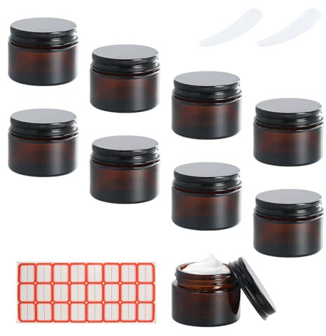 8 Pcs Pots Verre Ambre 20ml 30ml 50ml, Pots Cosmétique Vides, Protection UV, Récipient Cosmétiques Voyage avec Hermétique Couvercle et Cuillères et Étiquette, Bocaux Marron Crèmes Lotions (30ml)