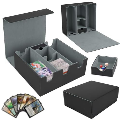 Trading Card Storage Box, 6 in 1 MTG Commander Deck Box Holds 1200+ Cards with Dice Compartment 6 Dividers, Dice Tray Card Deck Box, PU Leather Strong Magic Playing Card Case for CCG TCG (Gray)