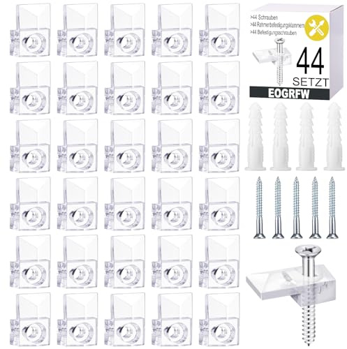 EOGRFW 44 Stück Halterungen Für Glasscheiben, Spiegelclips, Transparente | für Die Befestigung Spiegel Fenster, Spiegelhalter Glashalter Glasklemme, Glas Retainer Clips, 2.1 × 1.3 Cm
