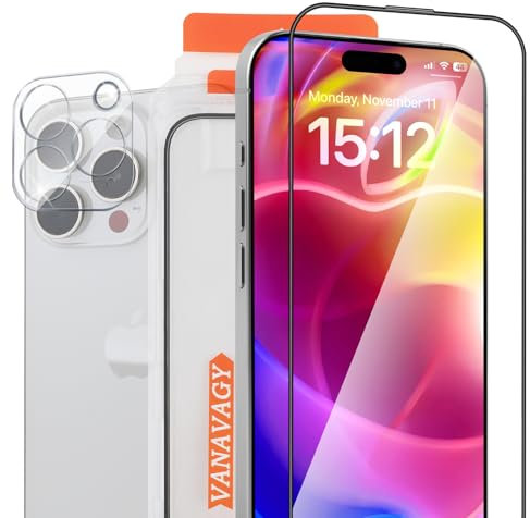 VANAVAGY Glass Screen Protector Compatible for iPhone 16 pro 6.3 inch [2 Pack][Scratch Resistant], Camera Lens Protector included, Film with Frame Full Coverage Case for Easy Installation
