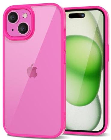 LoeoeL for iPhone 15 Case Clear, Transparent Hybrid 15 Phone Case [Hard Plastic & Soft Silicone Bumper] Acrylic Non Yellowing Thin Slim Protective Cover for Women, Neon Hot Pink
