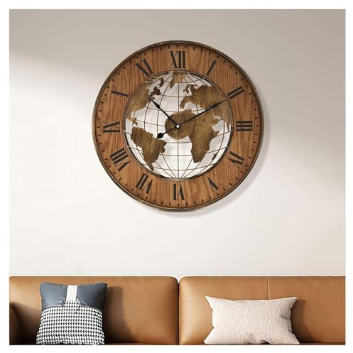 YUN Clock Große Wanduhr römische Ziffern Weltkarte Muster Wanduhren Holz geräuschlos Nicht tickend, Uhren für Zimmer Zuhause KüChe Schlafzimmer BüRo Schule (60cm)