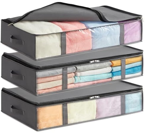 Lifewit 65L Under Bed Storage Containers 3 Pack, Foldable Clothing Storage Bags with Front Clear Window, Closet Organizers and Storage for Towels, Clothes, Blankets, Grey
