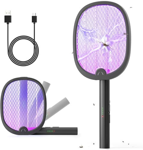 YISSVIC Raqueta Mosquitos Electrica Mata Mosquitos Electrico Plegable 2 en 1 4000V 1800mAh USB-C Recargable Matamoscas Electrico de Luz UV-Negro
