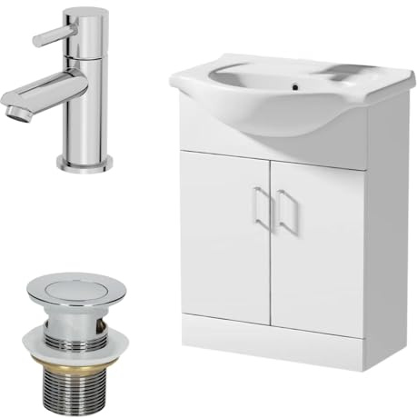 Affine® 650mm Bathroom Vanity Unit Ceramic Sink Floorstanding Storage Cabinet Cupboard & Malmo Basin Tap & Waste Set, White Gloss