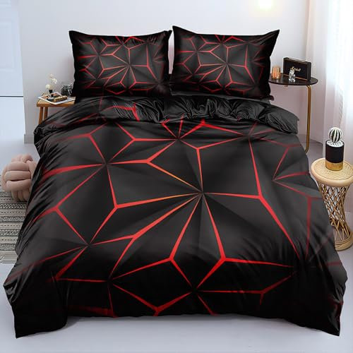 VOGIAY 3D Effekt Bettwäsche-Set 155x220cm, Rot Schwarz Geometrisch Betten Set für Kinder Jungen Mädchen Jugendliche, Bettbezug 155x220 cm, 2 Kopfkissenbezug 80x80 cm Mit Reißverschluss