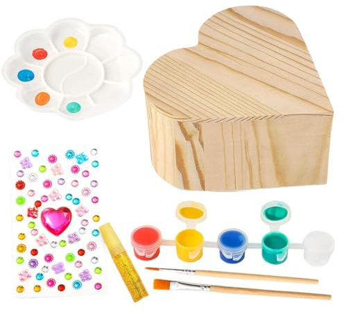 Schmuckkästchen zum Bemalen – Holz-Bastelkasten für Kinder, Bastelset und Bastelarbeiten, Schatzkiste zu Herzen dekorieren, kreative Aktivität für Kinder im Alter