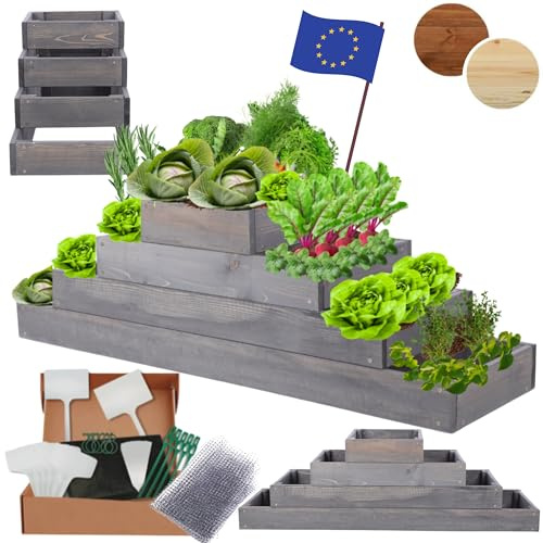 MODO24 Hochbeet Holz, Kräuterbeet, Gartenbeet, Pflanzbeet, Blumenbeet, Stufenbeet, für Garten und Terrasse, Kiefernholz, Massivholz, höhenverstellbar, Abmessungen 36x117x30 cm, Farbe: Grau