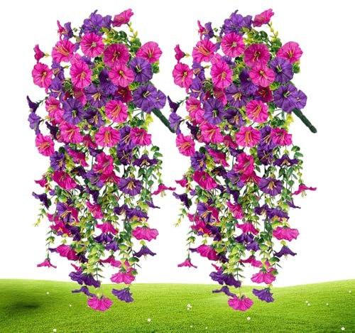 2 Pièces plantess Artificielles Petunia Exterieur Tombantes, 75cm Fleurs Artificielles Suspendue Retombante, Fausses Fleurs Suspendues Aux UV pour Le Balcon Porche Jardin Mariage À L'extérieur