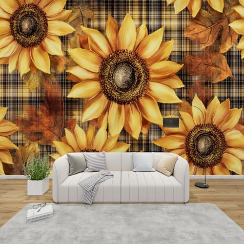 QEODAH Sunflower Wallpaper for Living Room, Checkered Wall Art for Bedroom, Yellow Sunflowers Wall Murals for Bedrooms, Renter Friendly Removable Waterproof Non-Woven Photo Wallpaper 3D, 100x70 cm