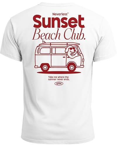 Neverless® Herren T-Shirt Sunset Beach Club Retro Shirt– Sommer Rückendruck im Vintage Look – Kurzarm Baumwollshirt Weiss 3XL