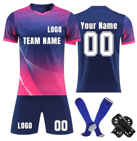 Maillot de Foot Enfant Adulte Personnalisé avec Votre Nom, Numéro, Équipe Football Ensemble Garçons/Homme Vêtement Sport Tshirt, Shorts, Chaussette et Protège Set
