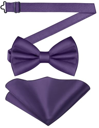 URAQT Papillon Uomo e Fazzoletto, 23 * 23CM, Gia Annodato e Regolabile per Festa di Nozze, Smoking Camicia Abito Coordinati, Viola Scuro