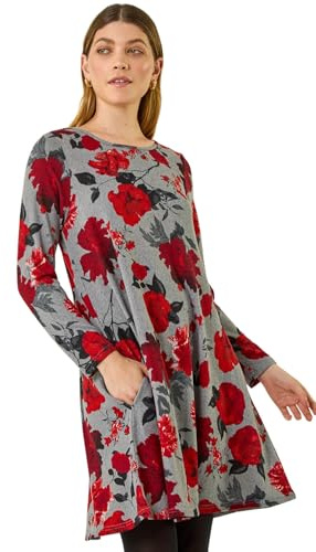 Roman Originals Tunic Dress with Pockets for Women UK Ladies Swing Fit & Flare Skater Slouch Stretchy Casual Smart Winter Jersey Pull On Work Office 3/4 Long Sleeves - Red Grey - Size 14