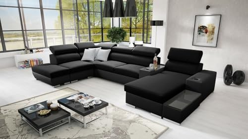 IM SOFA PERS V XXL Ecksofa U-Form mit Bettfunktion Wohnlandschaft Couch Wohnzimmer freistehend verstellbare Kopfstützen 3 Dekokissen modernes (Schwarz Sawana + Schwarzes Kunstleder, Rechts)