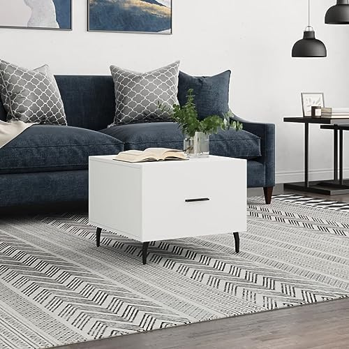 fadaoet Couchtisch Weiß aus Holzwerkstoff und Eisen 50x50x40 cm mit Schublade für Wohnzimmer Beistelltisch Möbel praktisch und stabil für Kaffee und Deko
