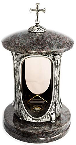 Stilvolle Grablaterne Anthrazit mit Kreuz Granit Orion dunkel Höhe 27 cm/Ø 15 cm Grableuchte Grablicht Grablampe Granitlampe Granitlaterne Bronze mit Sockel Grabschmuck