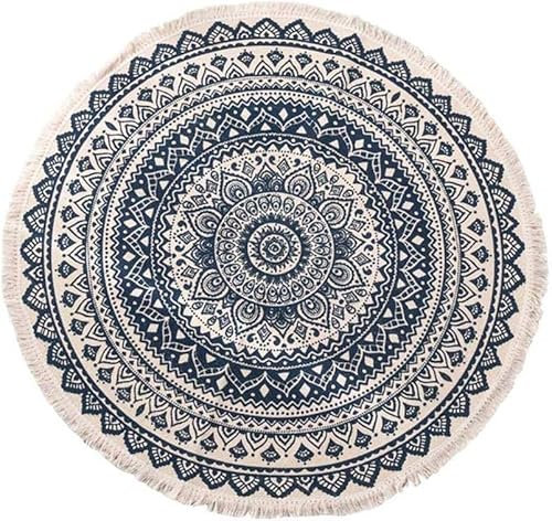 IHONYI Teppich Rund - Teppich Mandala Baumwolle mit Quasten, rutschfest Abwaschbar,Teppiche Handgewebte, Boho Bedruckte Muster, Schlafzimmer Flur Wohnzimmer Kinderzimmer, 90CM