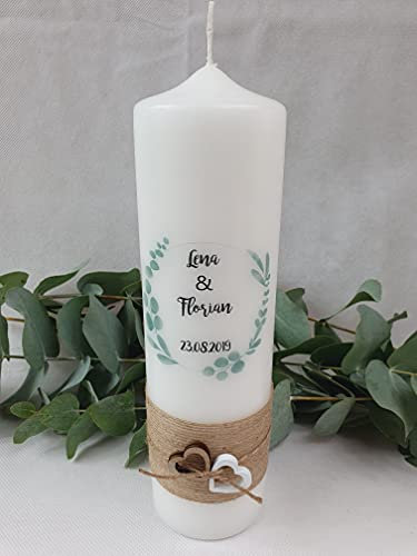 Hochzeitskerze Kerze Eukalypthus mit Juteband - Personalisiert mit Namen, inkl. Aufbewahrungsbox