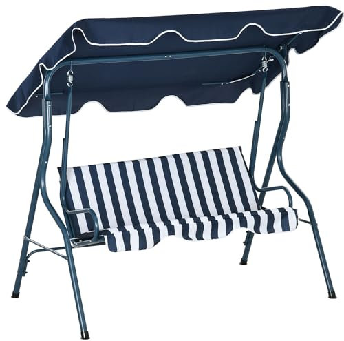 Outsunny 3 Seater Canopy Swing Chair Outdoor Garden Bench with Adjustable Canopy and Metal Frame - Blue Stripes